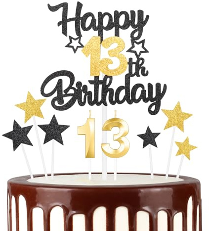 Set di candele torta per 13° compleanno oro nero,13° Decorazioni di compleanno per ragazzi,Candele numero 13 per torta,oro nero stella torta con d'argento per decorazioni di festa per ragazze ragazzi