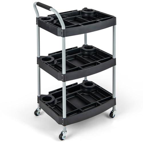 HOMFME 3 Tier Rolling Tool Cart, Metal Frame Storage Serving Cart with Multiple Divider, Sponged Handle and Lockable Wheels, Heavy Duty Storage Trolley for Kitchen Garage Workshop