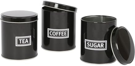 Harbour Housewares 3pc Round Metal Tea Coffee Sugar Canisters Set - Black - Kitchen Storage Tin Caddy Container Tea Coffee and Sugar Canister Jars with Lid