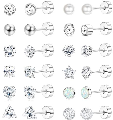 JeweBella 12 Paia Orecchini Acciaio Chirurgico Donna Uomo Anallergici Piccoli Orecchini a Bottone Piercing Orecchio Cartilagine Orecchini Punto Luce Set Orecchini a Lobo Donna Argento