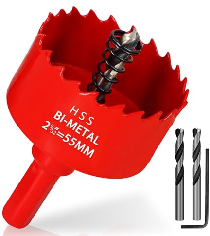 KACNON Seghe a Tazza Bi-Metallica 55 mm, M42 HSS Sega A Tazza Trapano, con Adattatore Esagonale e Punta di Centraggio, per Forare Plastica, PVC, Legno, Fibra di Legno, Metallo Dolce, Rosso