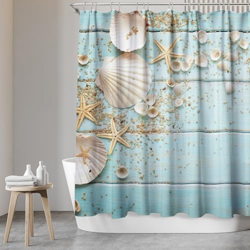 SANFINO Duschvorhang 180x200 inkl. 12 Ringe - Wasserdichter Badevorhang mit Motiv für Badewanne und Dusche, Anti-Schimmel Duschvorhang Textil, Antibakteriell & Oeko-Tex Zertifiziert - Caribbean Blue