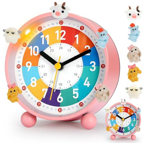 PIXESTT Despertador Infantil, Reloj Despertador Infantil para Principiantes En La Escuela, Sin Sonido Tic-TAC, con FuncióN De Luz Nocturna Y FuncióN De RepeticióN, con 5 Adornos De Despertador