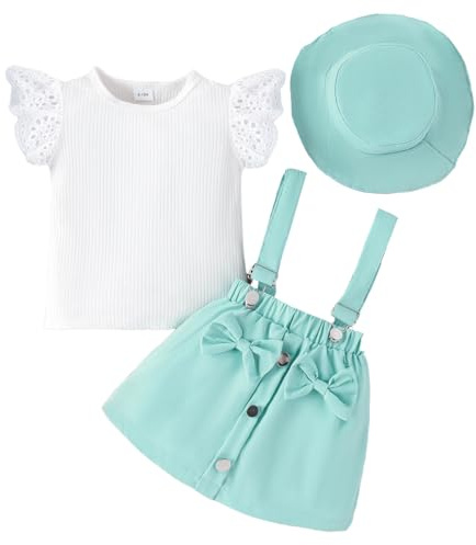 LUVCES Bambina Gonne Set Estivi Manica Corta con Volant Coste Top + Bowknot Bretelle Abito+ Cappello Estivi Abiti 3Pcs Completo Bambine