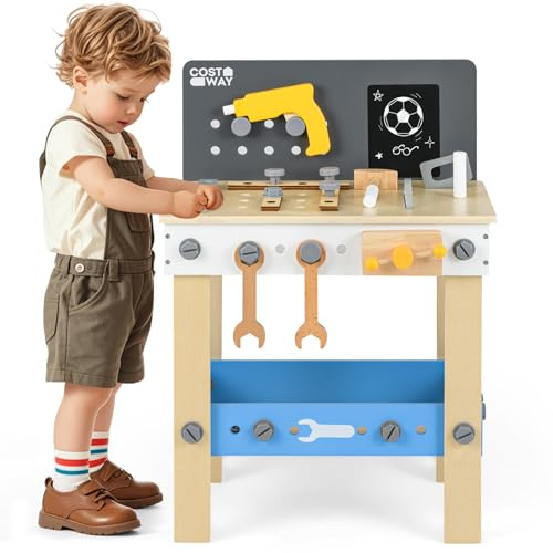 COSTWAY Banco de Herramientas para Niños, Banco de Trabajo Infantil de Madera Pequeños, Pizarra y Estante de Almacenamiento, Juego de Herramientas de Juguete Montessori para Niños de 3+ Años
