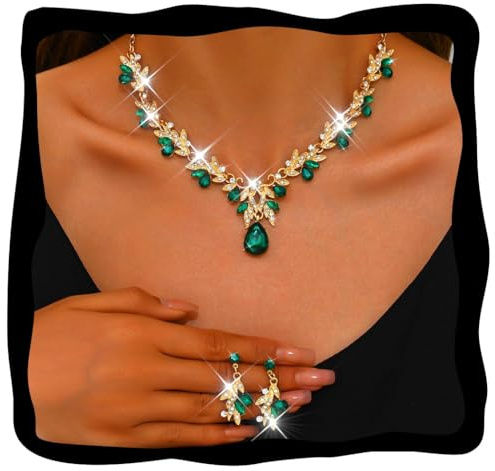 Fashband Crystal Bridal Wedding Jewelry Set Sparkly Earrings Party Prom Costume Earrings Jewelry for Women (Green)