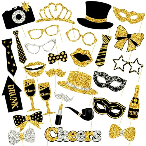 Culinavog 30 Stück Foto Requisiten Set Schwarz Gold, Fotobox Accessoires für Hochzeit, Geburtstag, Weihnachten, Party Deko, Foto Booth Props Erwachsene Kinder, Glitzer Karton