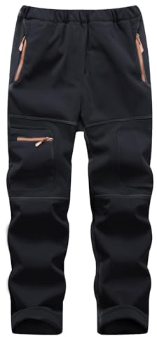 BWBIKE Snö vattentäta vindtäta byxor för barn, ungdomar, utomhus, fleece, lind, vandring, softshell, varma isolerade byxor med 4 fickor med dragkedja, Svart, 104-110