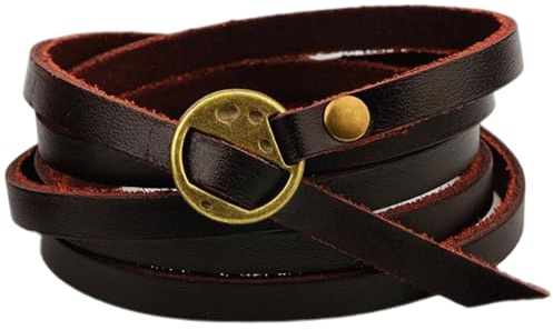 CALFOVERA Braccialetti Avvolgenti in Vera Pelle in Pelle di Vacchetta Marrone Western Vintage Regolabili Stile Boho con Cinturini Impilabili A Strati con Chiusura A Levetta in Lega per Uomo e Donna.
