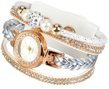 Yardwe Orologio da Donna con Pietre Decorative e Cinturino Intrecciato Bianco Orologio da Polso al Quarzo Preciso Decorazione Creativa per Polso Adatta a Ogni Abbigliamento