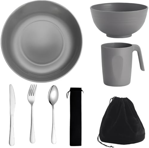 Houbobo Camping Plates and Bowls Set, Unbreakable Camping Cutlery Set with Mug, Knife, Spoon, Fork and Storage Bag, Dinnerware Sets for Apartment Essentials, Travel and Outdoor Camping (Grey)