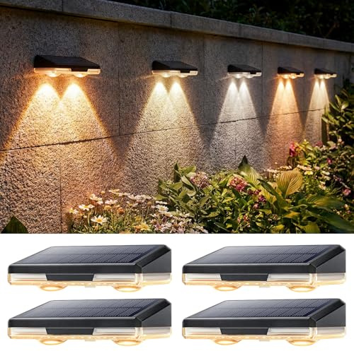 Qoosea Luces Solares Pared Jardín Exterior, 4 Piezas LED Pared Luz Solar Exteriores, Lámparas Solares Aplique 3 Modos IP65 Impermeable, Decoración para Jardín Pared Valla Escalera Patio Terraza