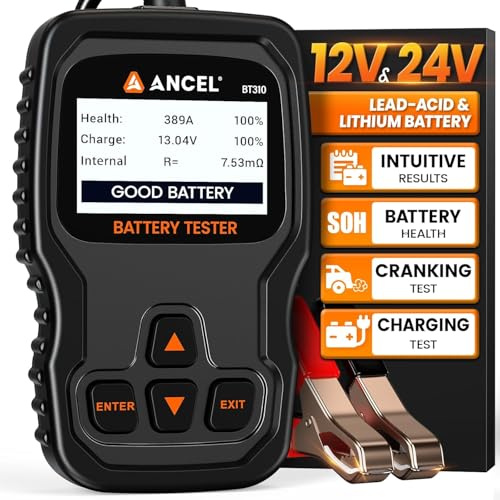 ANCEL BT310 comprobador de baterias de coche de 12 V 24 V, ccomprobador de baterias de coche de plomo-ácido y de litio de 100 a 2000 CCA; comprueba el estado de las baterías , para coches