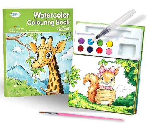 Livre de Coloriage avec Aquarelle pour Enfants Kit de Peinture Aquarelle à l'Eau 3 en 1 pour Tout-Petits de 3 à 8 Ans Jouet Éducatif Cadeau d'Anniversaire pour Garçons et Filles (Thème Animaux - Vert)