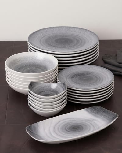Servizio Piatti 25 Pezzi per 6 Persone in Porcellana Grigio Chiaro – BRICARD Vittel – Set Piatti Tavola con Piatti Piani, Fondi, Dessert, Ciotole e Piatto da Portata – Lavastoviglie, Microonde e Forno