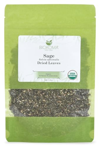 Biokoma Organic Sage Dried Leaves 50g (1.76oz) In Resealable Moisture Proof Pouch, USDA Certified Organic - Herbal Tea, No Additives, No Preservatives, No GMO, Kosher