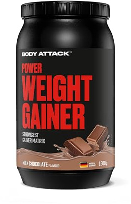 Body Attack Weight Gainer - Milk Chocolate - 1,5 kg - Mass Gainer für Masseaufbau & Muskelaufbau - Mit Whey Protein, BCAA und Kohlenhydraten - Dein fettarmer Masse Shake für hochwertige Kalorien