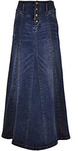 ebossy Women's High Rise Distressed Wash Denim Skirt A Line Swing Maxi Long Jean Skirts (X-Large, Dark Blue)