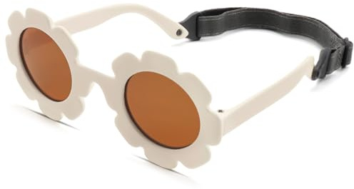 LOJUDI Lunette de Soleil Bebe 0 a 24 Mois - Polarisées Protection UV400 Lunettes avec Sangle Réglable Cadre Fleur Enfant Lunette Soleil Bebe 0-2 ans-Blanc/Marron