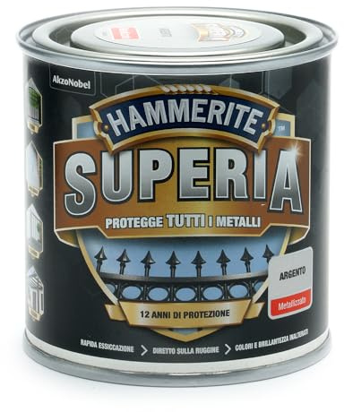 Hammerite Superia smalto metallo antiruggine interno e esterno, Metallizzato Argento, 250 ml