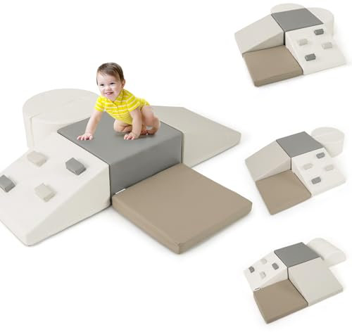 HOMFME Parcours Motricité Bébé en Mousse 6 Pièces, Blocs d’Escalade avec Housse en Cuir et Attaches à Crochets et Boucles, Aire de Jeux à Différentes Formes, Idéal pour Enfants 3 Ans Plus (Gris)