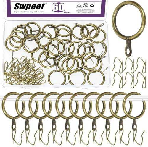 Swpeet 60Pcs 25mm/1 Diamètre intérieur Anneau de Rideau en métal en Bronze avec Broche-sur draperie Crochets Kit d'assortiment, Rideau Coulissant oeillet Anneau, pour fenêtre Porte Rideau de Douche