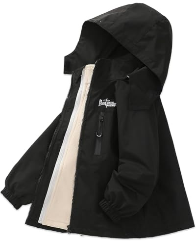 Exemaba Kids 3 in 1 Waterproof Jacket, Boys Girls Winter Rain Coats with Detachable Fleece Lining & Hood for Walking, Hiking, Travelling(Black, 150/9-10 Years)