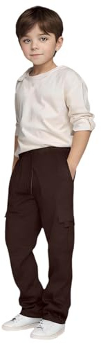 Kids Cargo Trousers Boys Elastic Waist Winter Combat Baggy Pants Teenager Boys Age 3-14 Years Comfy Stretchy Vacation Casual Workout Sports Fashion Sweatpants (Brown, 150)