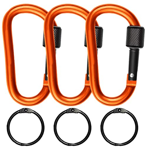 KEJOL Juego de 3 Mosquetones con Cierre de Rosca, Llaveros de Aleación D-Ring para Viajes, Camping y Accesorios al Aire Libre Mochila (Naranja)