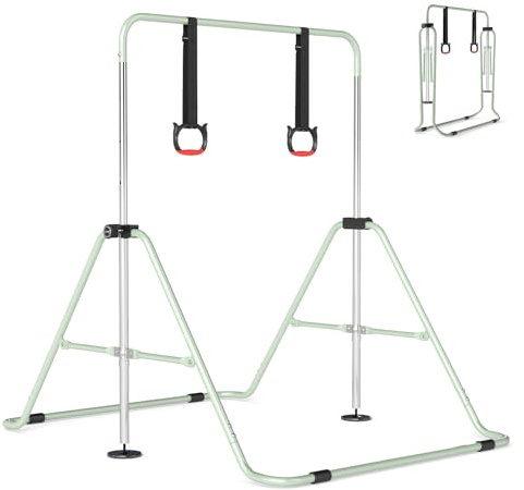 GYMAX Barra de Gimnasia para Niños, Barra Entrenamiento con Anillos, Altura Ajustable, Estructura de Metal, Almohadillas Antideslizantes, Equipo Plegable para Casa ara Niños de 3-12 Años (Beige)