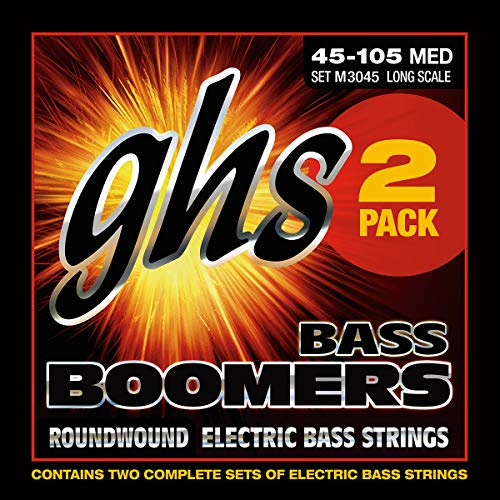 GHS strängar M3045-2, 4-strängs basboomers, nickelpläterade elektriska bassträngar, lång skala, medium, 2-pack (.045-.105)