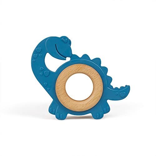 GRÜNSPECHT Bio-Beißtier aus Naturkautschuk mit Holzring, Zahnungshilfe & Spielzeug, massiert Zahnfleisch, BPA frei, fördert Feinmotorik, Dinosaurier, blau (688-00)