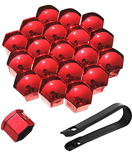 Bseical 20 Pezzi Copri Bulloni Cerchi Auto Set Universale, 17mm 19mm 21mm Copridadi Ruota per Auto, Pneumatici Tappi Coprivite con Strumento di Rimozione (Rosso, 21mm)