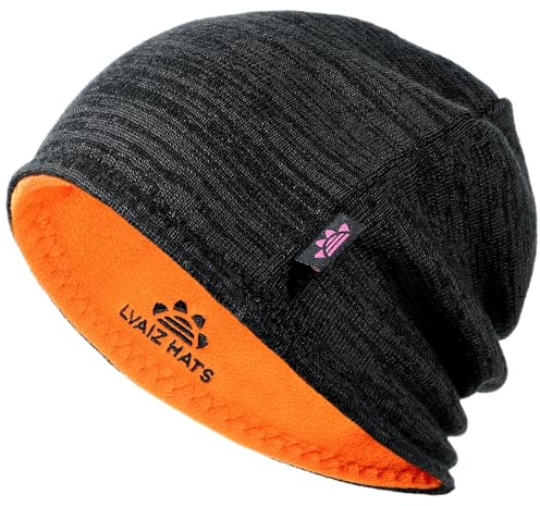 Lvaiz Winter Fleece Lined Knitted Beanie Hats for Men Reversible Windproof Watch Hat Warm Skull Cap for Women(Black+Orange)