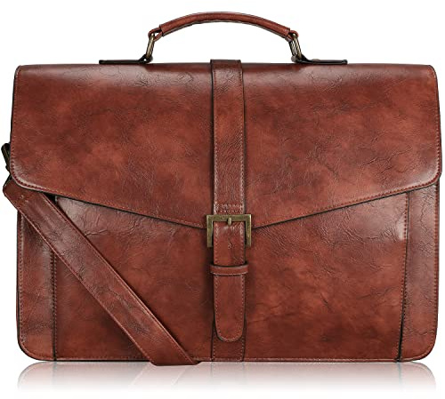 Estarer Mens PU Leather Briefcase Large Laptop Satchel Messenger Shoulder Bag for Work Business Office - Christmas Gifts For Him 15.6 Inch Brown