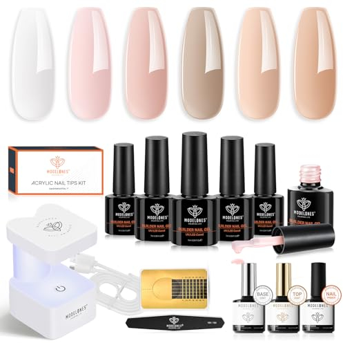 Modelones Aufbaugel für Gelnägel, 8 in 1 Builder Gel für Nägel, Nude Rosa Farben Builder Gel Set mit Lampe-001