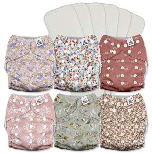 Mama Koala 3.0 Pocket Cloth Diapers for Babies with AWJ Lining, 6 Pack with 6 5-Layer Natural Cloth Diaper Inserts - Reusable and Washable Pocket Diapers(A-Wild Flowers)