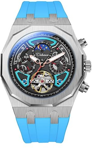 DAXIAOYU Män sport Tourbillon automatiska mekaniska klockor multifunktion urtavla månfas vecka datum visning klocka rostfritt stål fodral gummirem lysande klockor