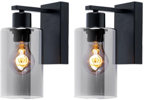 Wandleuchte Vintage Innen Wandlampe schwarz Industrial Wandspot rauchfarben, Retrostil Zylinder, Metall schwarz matt Glas, 1x E27 Fassung, HxBxÜ 23x10x15 cm, 2er Set