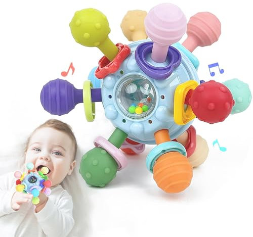 Juguete para bebé, bebé a partir de 0 – 3 meses, mordedor de silicona, sonajero sensorial, juguete para bebés de silicona Montessori, juguete de motricidad para bebés de 3 a 18 meses