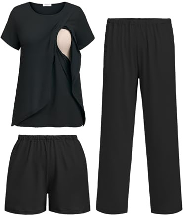Ekouaer 3 PCS Maternity Nursing Pajamas Set Postpartum Breastfeeding Short Sleeve Shirts, Pregnancy Shorts & Pants Pjs Black L