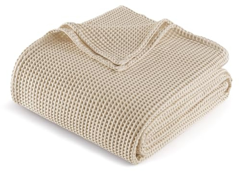 Exclusivo Mezcla Plaid Couverture en 100% Coton Gaufré, Légère, Douce et Confortable pour Lit, Canapé et Bureau, Toutes Les Saisons, 150x200 cm, Kaki
