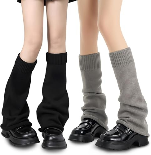Sahunfri 2 Pairs Long Knitted Leg Warmers 80s Y2K, Soft Stretchy Warm for Women Girls Ladies,Retro 8090s Punk Style Christmas Knee High Stockings Boots Cuff, UK Womens Leg Warmers