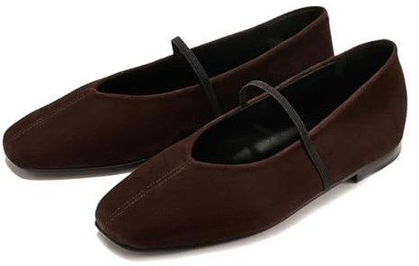 CEFISOP Ballet Flats for Women Square Toe Mary Jane Flat Comfort Slip On Work Ballerina Shoes with Elastic Strap Suede Brown Size 7.5