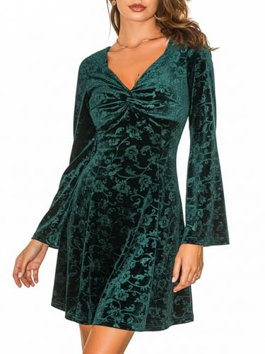 CUPSHE Abito da donna vintage in velluto, maniche svasate, scollo a V, mini abito da sera per feste e ospiti, Verde, M