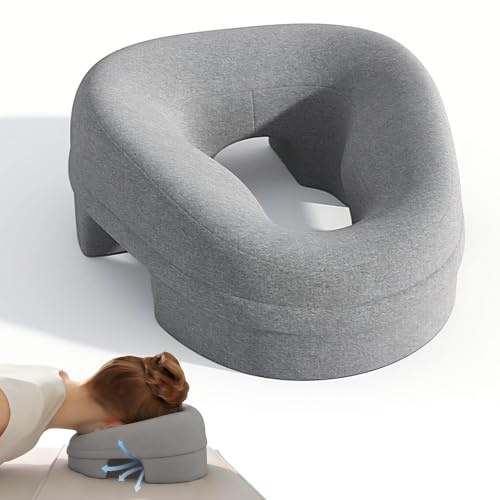 Wsndyjia Face Down Pillow, Massage Headrest for Bed, Breathable Table Face Cradle Rest Cushion for Naps, Memory Foam Face Down Massage Headrest, Removable Grey Cover
