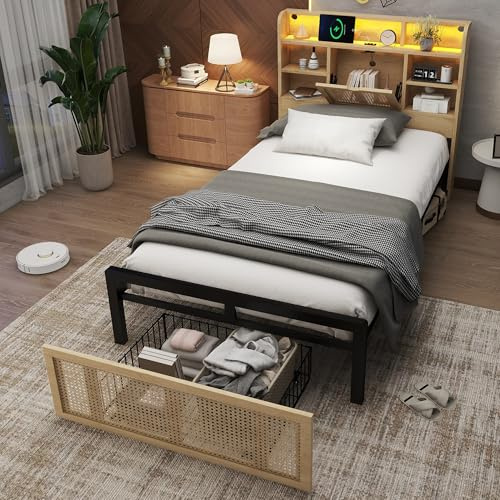 Merax Single bed frame, 3FT single Bed with Storage Drawer, Storage Headboard with LED light strip, Charging Port, PE Rattan-Style, for adults&teenagers(No Mattress), Wood colour/90 * 190CM