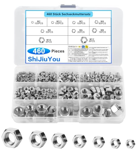 460 PezziDadi Esagonali, Metrici Dadi Autobloccanti Dadi di Bloccaggio in Acciaio al Carbonio con Filettatura Standard, Dado per Bulloni e Viti - M2, M2,5, M3, M4, M5, M6, M8, M10, M12 (Argento)