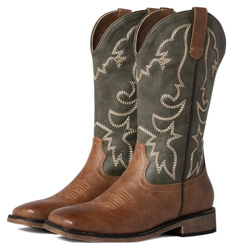 J's.o.l.e Ladies Embroidered Green Western Cowboy Boots - Mid Calf Cowgirl Boots with Square Toe & Chunky Heel UK Size 6