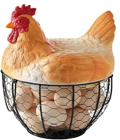 Cesta de recogida de huevos vintage, soporte de almacenamiento de metal con tapa de gallina, construcción resistente, diseño rústico, fácil de llevar, decorativa y funcional, cesta de huevos para